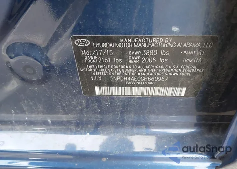 2016 Hyundai Elantra Se z USA, uszkodzony, nr VIN 5NPDH4AE0GH660967